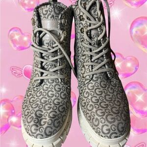 Gray Patterned Lace-Up Boots